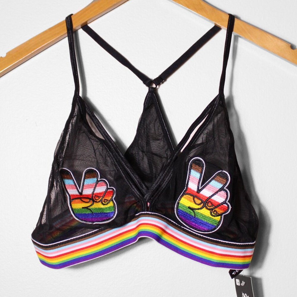 Spence's BodyRage Pride Inclusion Rainbow Flag Mesh Sheer Bralette Festival L/XL